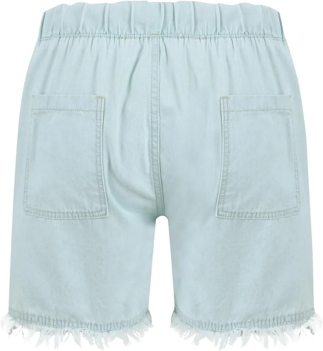 Denim Shorts for Women Casual Drawstring Elastic Waist Shorts Baggy Frayed Raw Hem Summer Comfy Jeans Short with Pockets