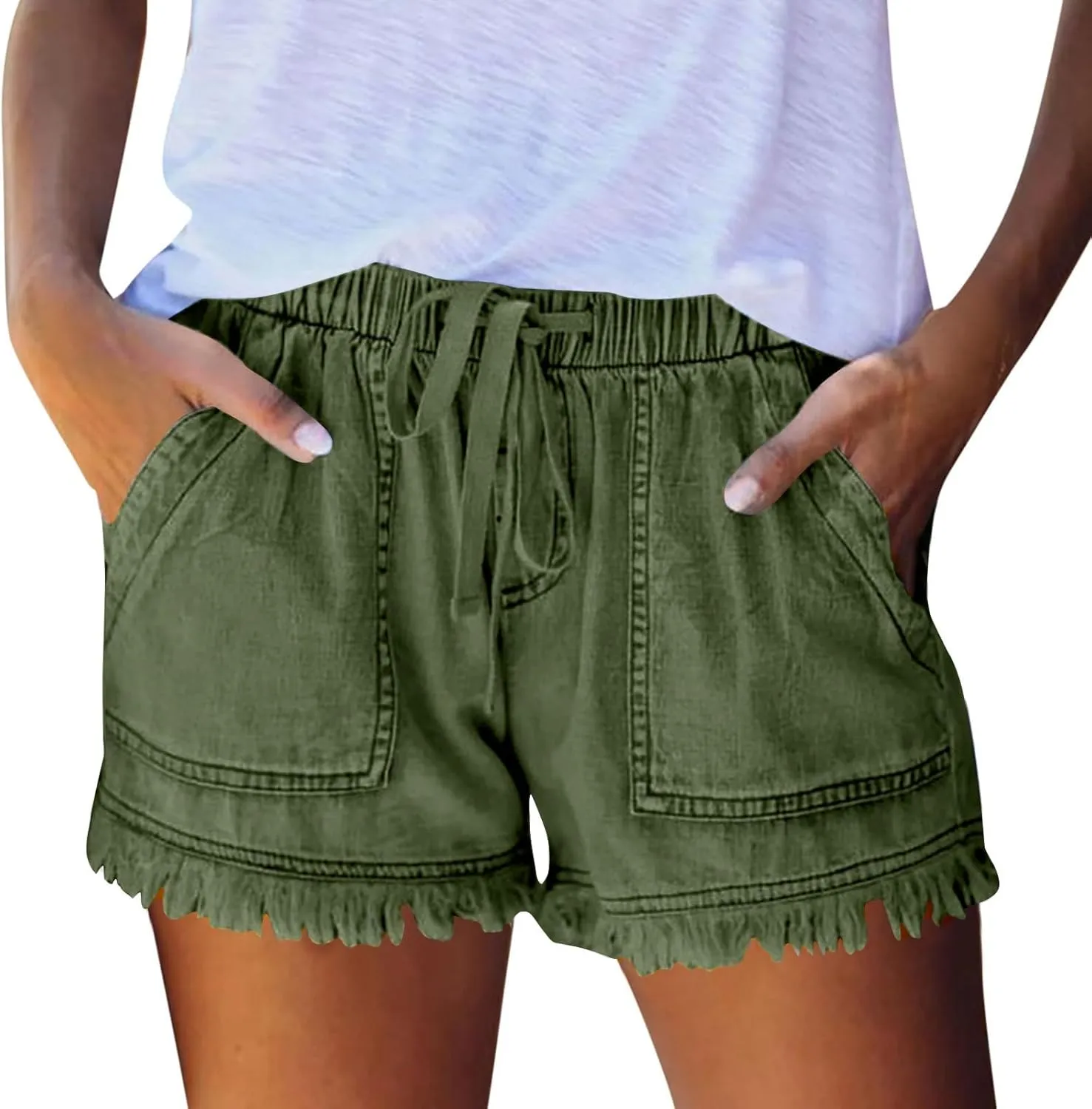 Denim Shorts for Women Casual Drawstring Elastic Waist Shorts Baggy Frayed Raw Hem Summer Comfy Jeans Short with Pockets