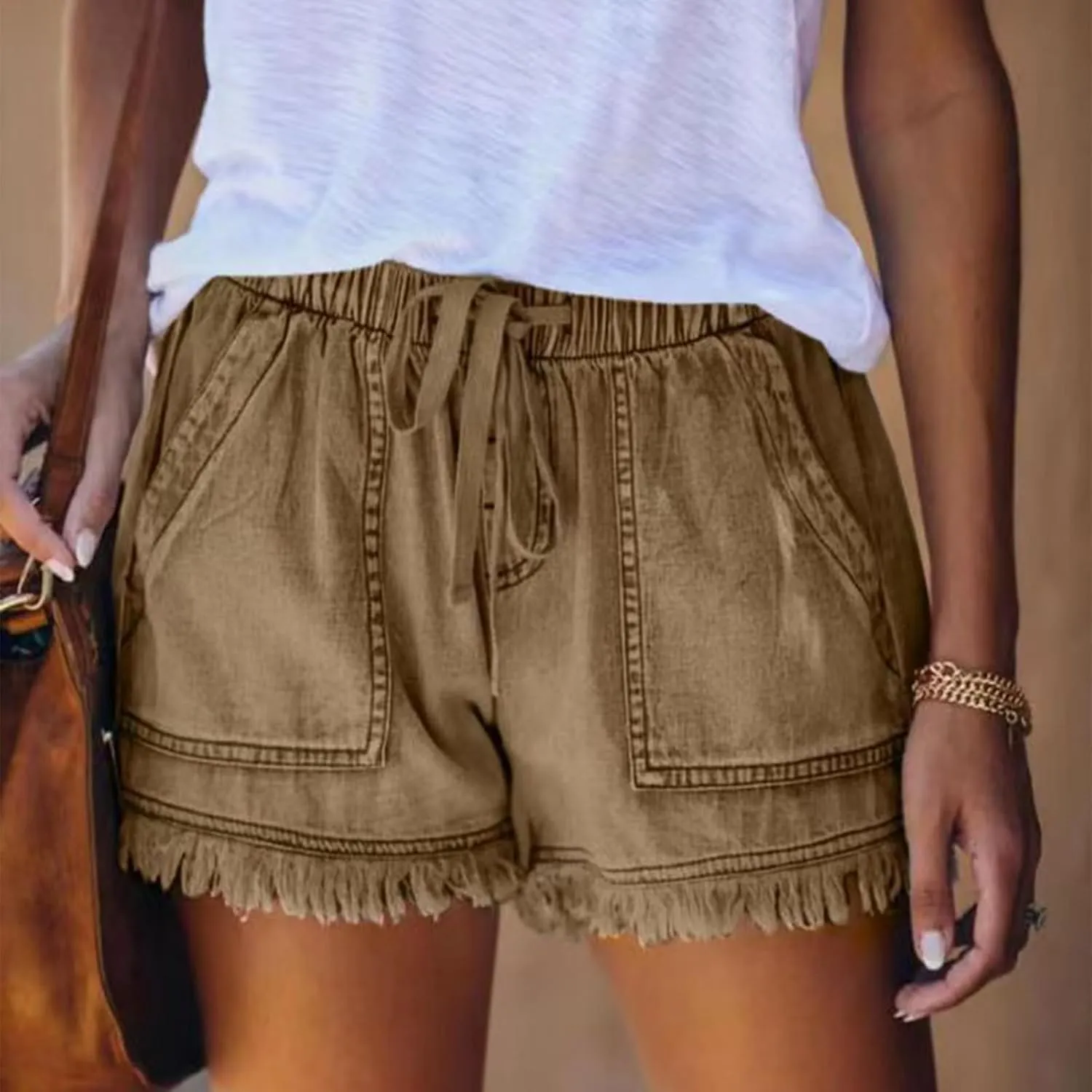 Denim Shorts for Women Casual Drawstring Elastic Waist Shorts Baggy Frayed Raw Hem Summer Comfy Jeans Short with Pockets