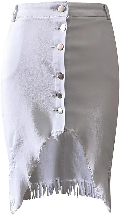 Distressed Denim Mini Skirt for Women Button-Fly Front Split Sexy Bodycon Skirts Solid High Waist Pencil Skirt