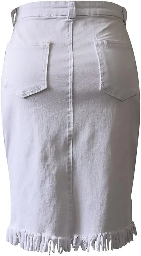 Distressed Denim Mini Skirt for Women Button-Fly Front Split Sexy Bodycon Skirts Solid High Waist Pencil Skirt