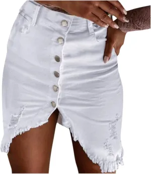 Distressed Denim Mini Skirt for Women Button-Fly Front Split Sexy Bodycon Skirts Solid High Waist Pencil Skirt