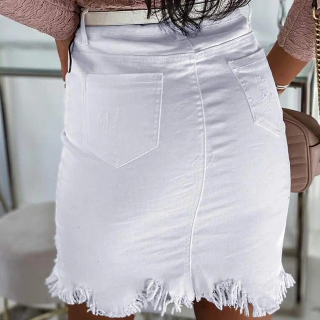 Distressed Denim Mini Skirt for Women Button-Fly Front Split Sexy Bodycon Skirts Solid High Waist Pencil Skirt