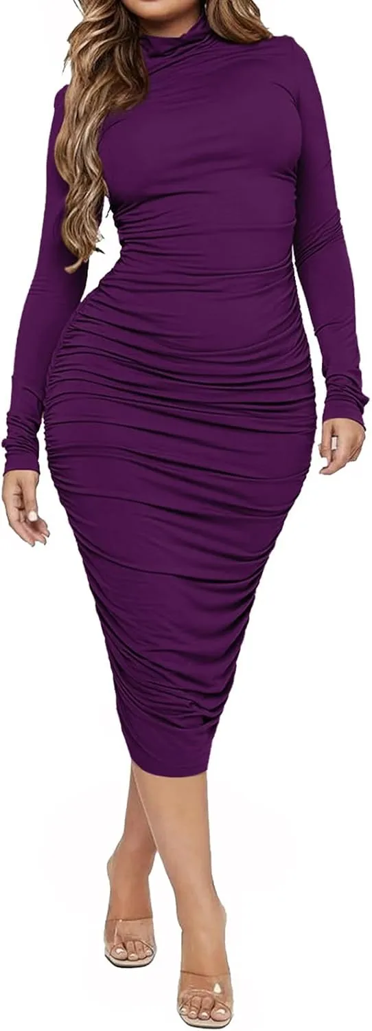 Ekaliy Women's Ruched Bodycon Midi Dress Mock Neck Long Sleeves Party Club Dresses