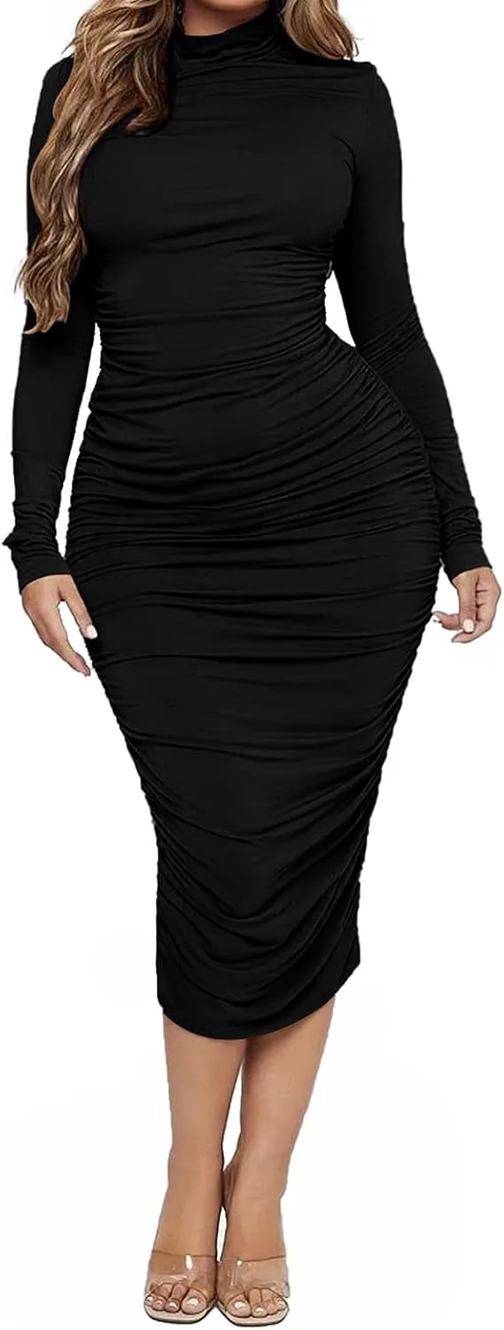 Ekaliy Women's Ruched Bodycon Midi Dress Mock Neck Long Sleeves Party Club Dresses