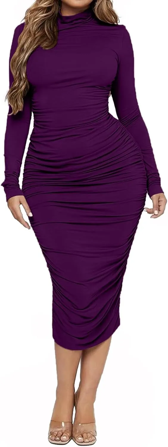 Ekaliy Women's Ruched Bodycon Midi Dress Mock Neck Long Sleeves Party Club Dresses
