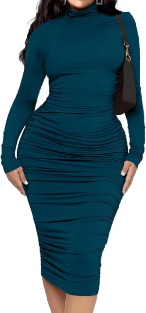 Ekaliy Women's Ruched Bodycon Midi Dress Mock Neck Long Sleeves Party Club Dresses