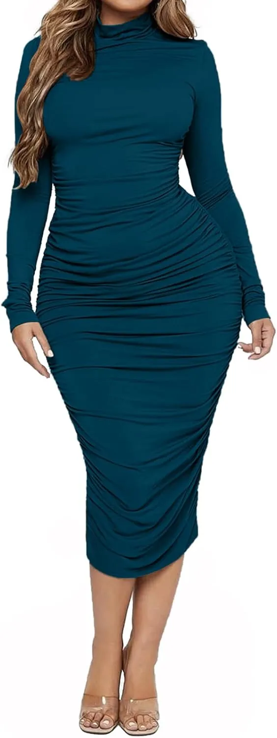 Ekaliy Women's Ruched Bodycon Midi Dress Mock Neck Long Sleeves Party Club Dresses