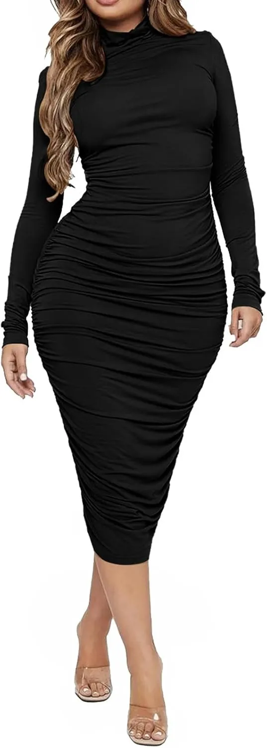 Ekaliy Women's Ruched Bodycon Midi Dress Mock Neck Long Sleeves Party Club Dresses