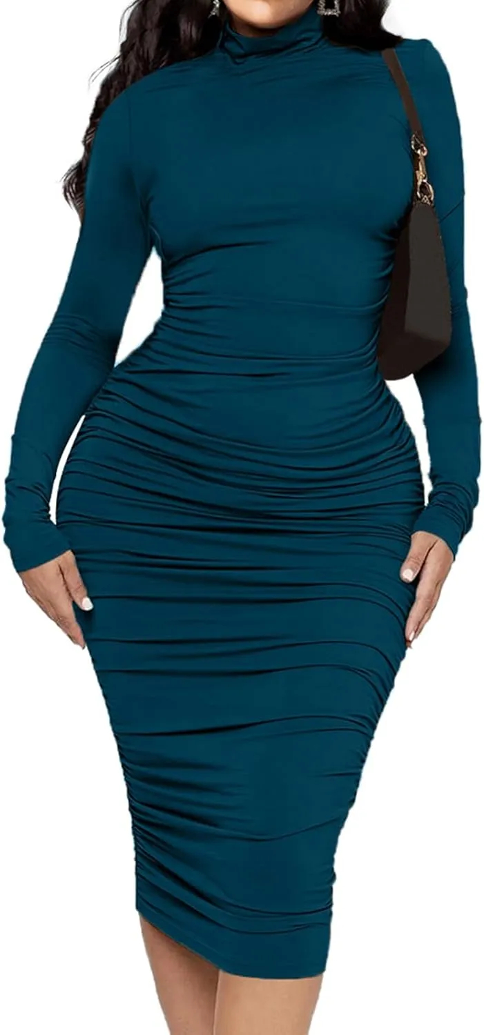 Ekaliy Women's Ruched Bodycon Midi Dress Mock Neck Long Sleeves Party Club Dresses