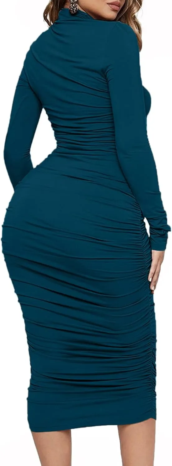 Ekaliy Women's Ruched Bodycon Midi Dress Mock Neck Long Sleeves Party Club Dresses