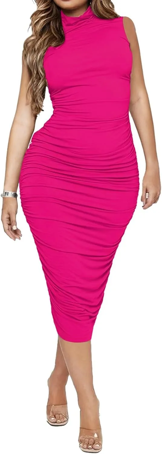 Ekaliy Women's Ruched Bodycon Midi Dress Sexy Mock Neck Sleeveless Pencil Dresses