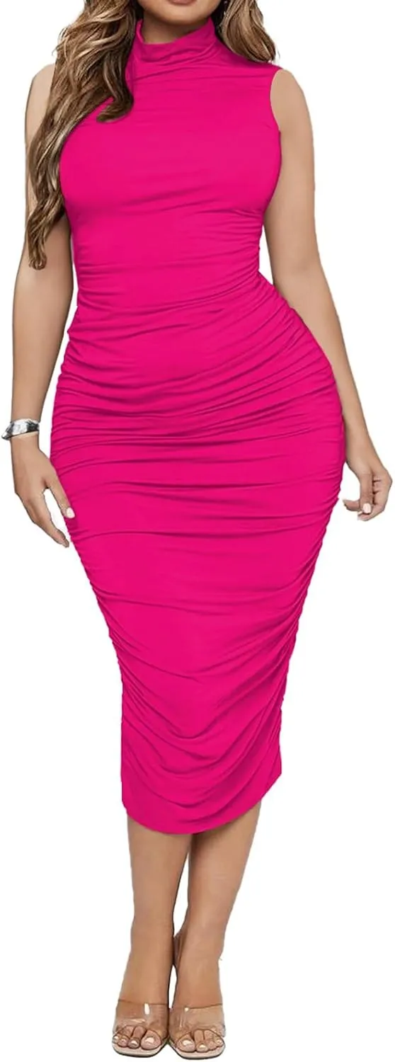 Ekaliy Women's Ruched Bodycon Midi Dress Sexy Mock Neck Sleeveless Pencil Dresses