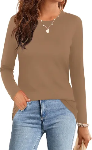 Elesomo Womens Tops Short/Long Sleeve T-Shirts Fitted Crewneck Tee