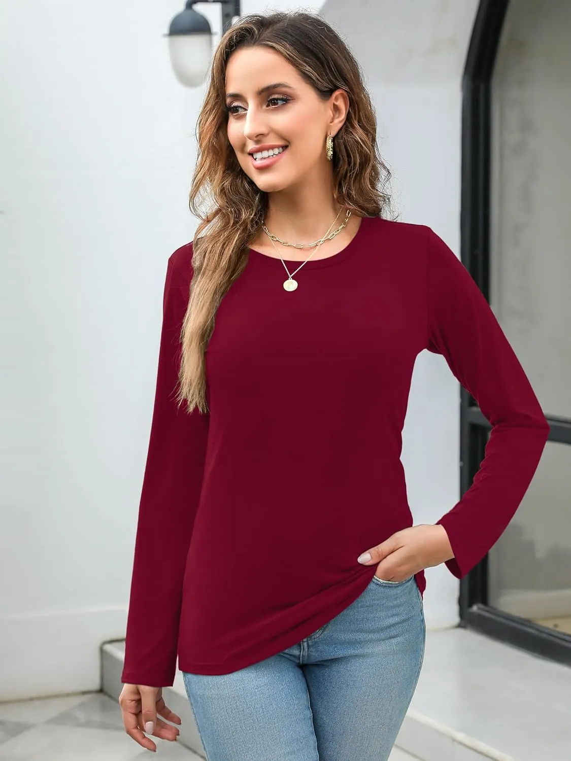 Elesomo Womens Tops Short/Long Sleeve T-Shirts Fitted Crewneck Tee