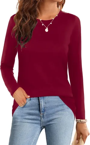 Elesomo Womens Tops Short/Long Sleeve T-Shirts Fitted Crewneck Tee