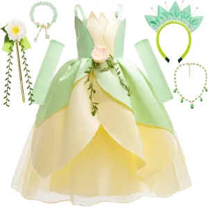 Fairy Frog Princess Dress Girls Birthday Party Fancy Tiana Kids Halloween Floral Costume Outfits with Headband
