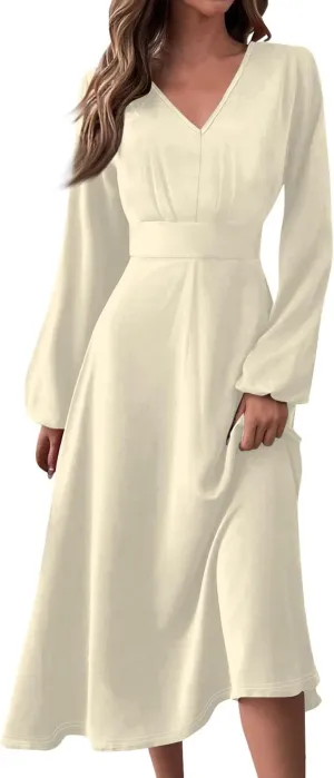Fall Wedding Guest Dresses for Women Long Sleeve Wrap V Neck Ruffle Belted A-Line Flowy Midi Dresses