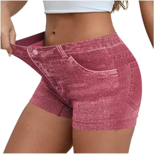 Faux Jeans Shorts for Women Summer Mid Rise Stretchy Denim Shorts Butt Lifting Slimming Ripped Shorts for Curvy Women