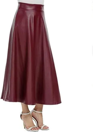 Faux Leather A Line Womens High Waist Skirts Pleather Midi Long Skirt Solid Color Casual Dress for Women Flowy Outfit