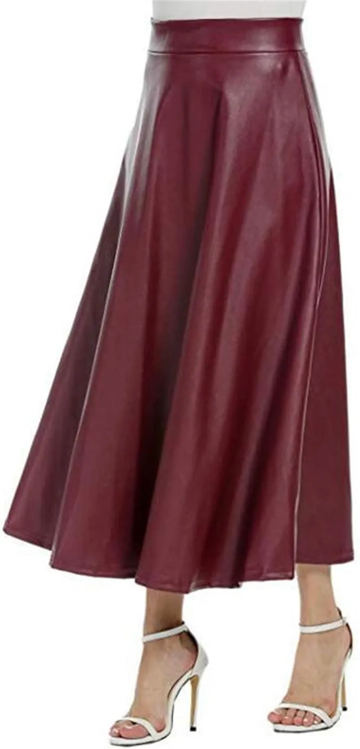 Faux Leather A Line Womens High Waist Skirts Pleather Midi Long Skirt Solid Color Casual Dress for Women Flowy Outfit