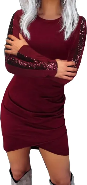 FECAFO Women Wrap Glitter Ruched Bodycon Dress Sequin Long Sleeve Evening Dress Wrap Hem Ruched Club Party Mini Dress