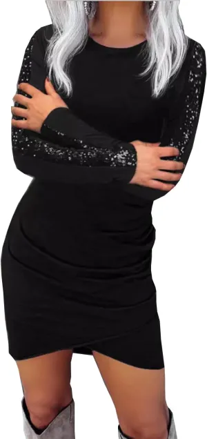 FECAFO Women Wrap Glitter Ruched Bodycon Dress Sequin Long Sleeve Evening Dress Wrap Hem Ruched Club Party Mini Dress