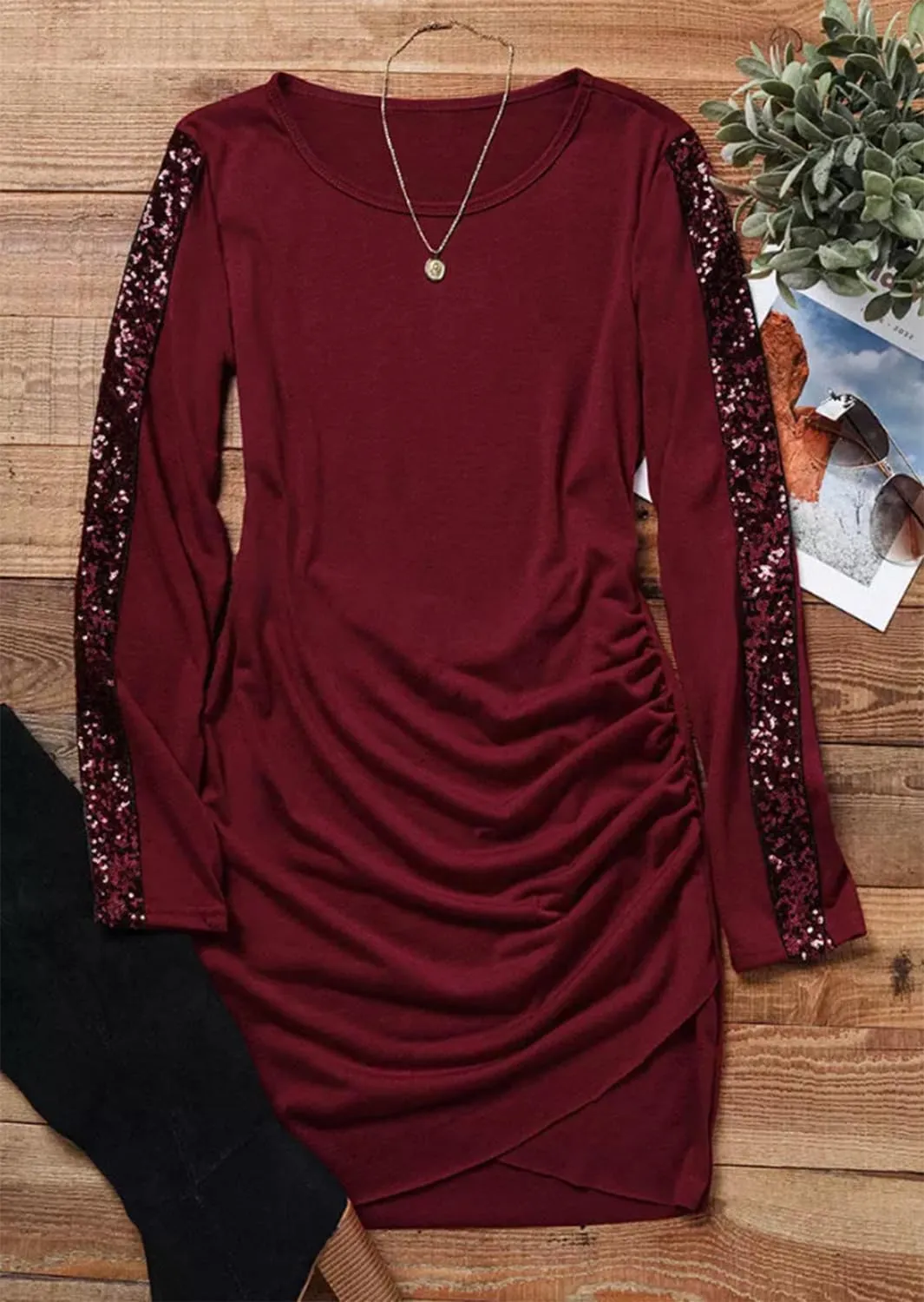 FECAFO Women Wrap Glitter Ruched Bodycon Dress Sequin Long Sleeve Evening Dress Wrap Hem Ruched Club Party Mini Dress