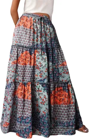 Floral Boho Maxi Skirts for Women 2025 Summer Elastic Waisted Flowy Swing A-Line Long Skirt