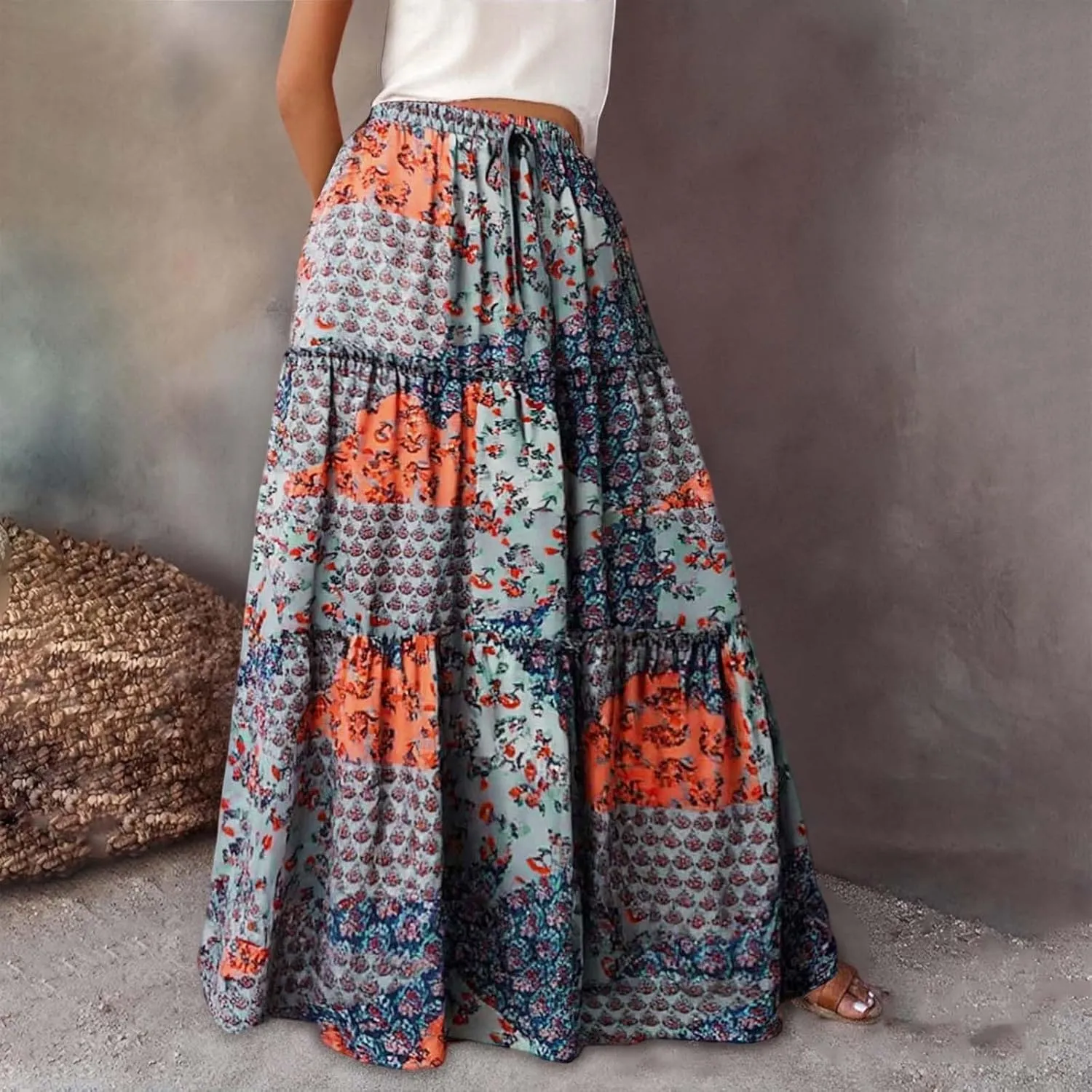 Floral Boho Maxi Skirts for Women 2025 Summer Elastic Waisted Flowy Swing A-Line Long Skirt