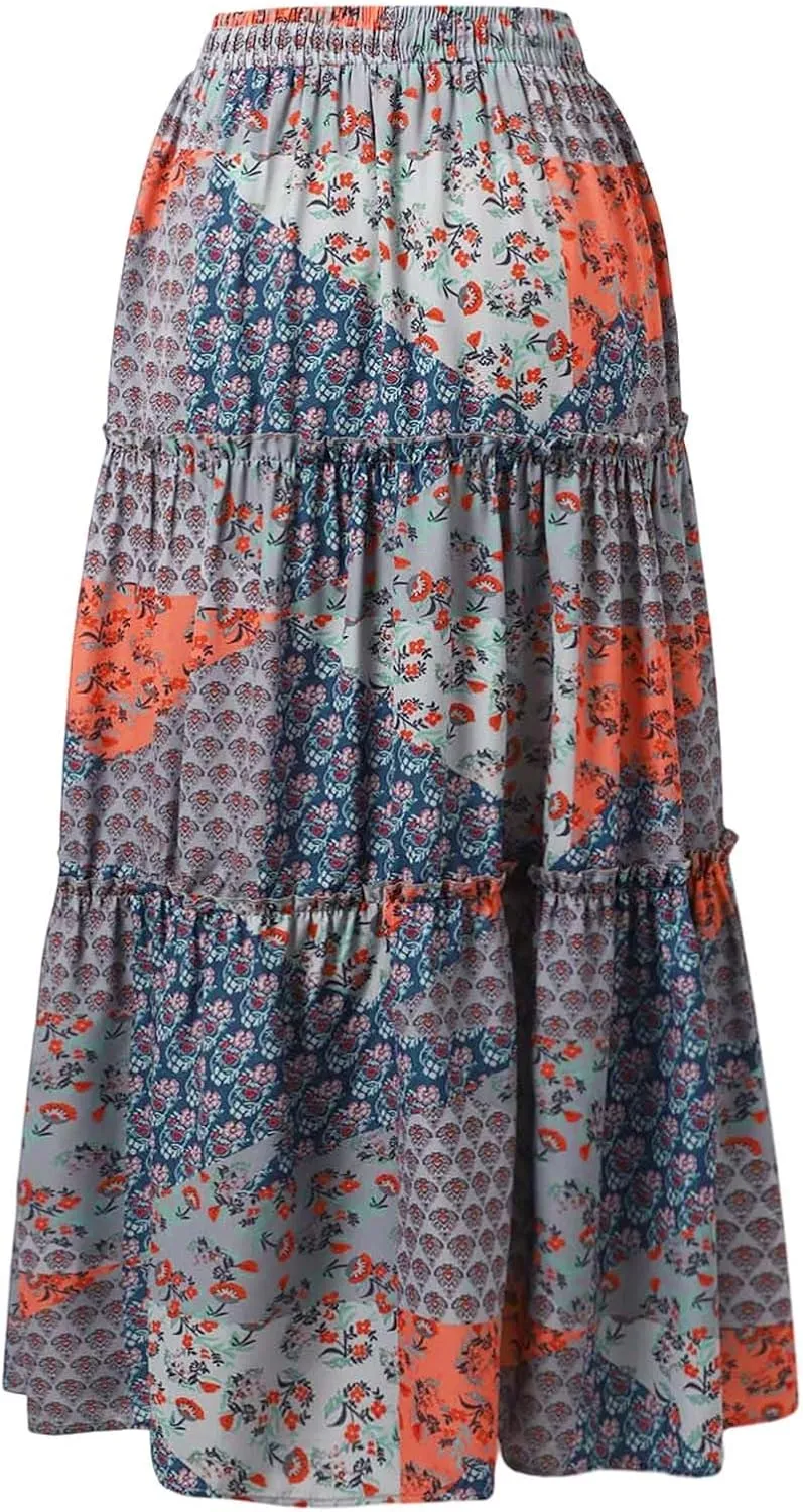 Floral Boho Maxi Skirts for Women 2025 Summer Elastic Waisted Flowy Swing A-Line Long Skirt
