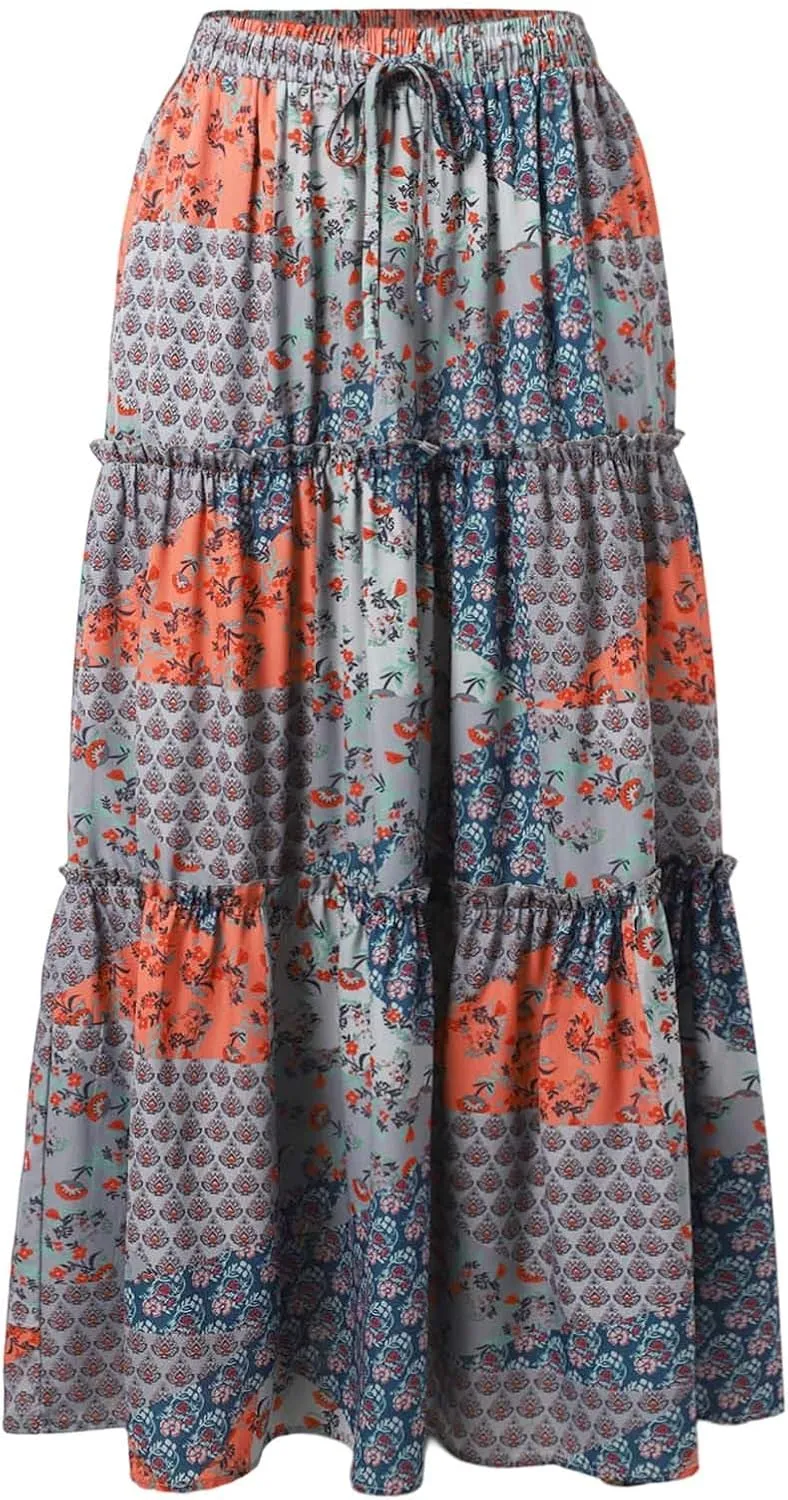 Floral Boho Maxi Skirts for Women 2025 Summer Elastic Waisted Flowy Swing A-Line Long Skirt