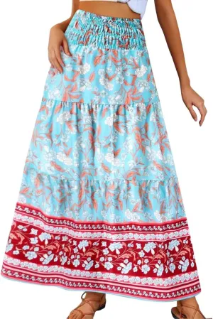 Floral Boho Skirts for Women 2025 Summer Elastic High Waisted Flowy Swing A-Line Ruffle Long Skirt