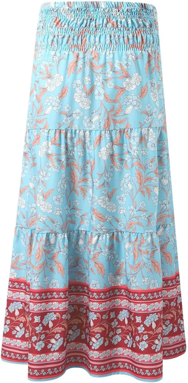 Floral Boho Skirts for Women 2025 Summer Elastic High Waisted Flowy Swing A-Line Ruffle Long Skirt