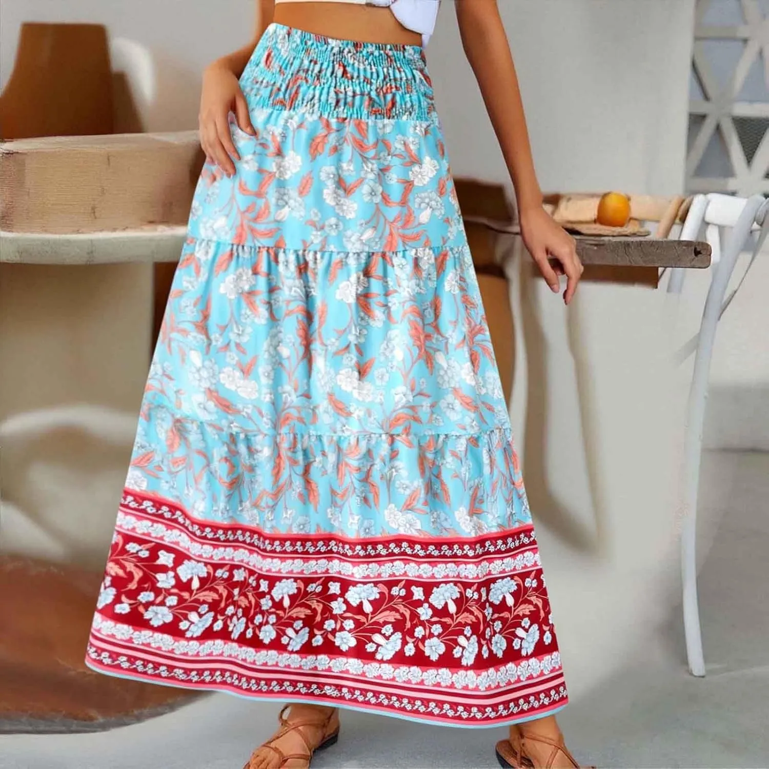 Floral Boho Skirts for Women 2025 Summer Elastic High Waisted Flowy Swing A-Line Ruffle Long Skirt