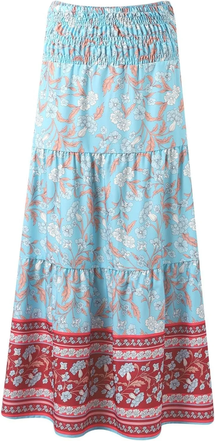 Floral Boho Skirts for Women 2025 Summer Elastic High Waisted Flowy Swing A-Line Ruffle Long Skirt