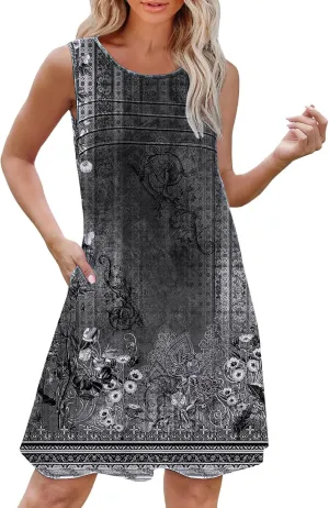 Floral Dresses for Women Womens with Pockets Summer Casual Tank Dress Sleeveless Midi Beach Dress Plus Size Dresses