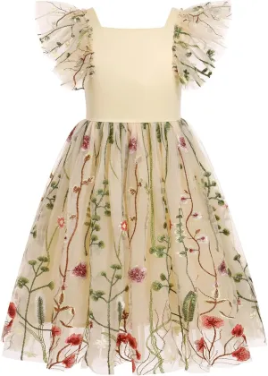 Floral Embroidered Dress for Girls Ruffle Sleeve Formal Birthday Wedding Pageant Party Tulle Dresses