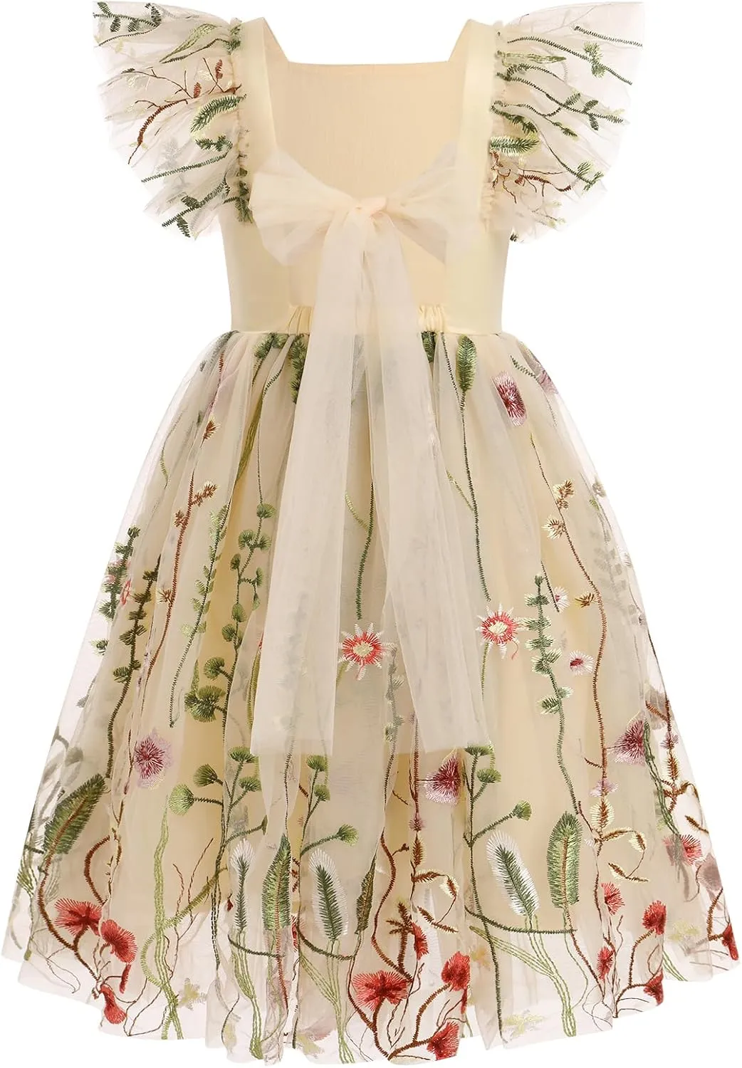 Floral Embroidered Dress for Girls Ruffle Sleeve Formal Birthday Wedding Pageant Party Tulle Dresses