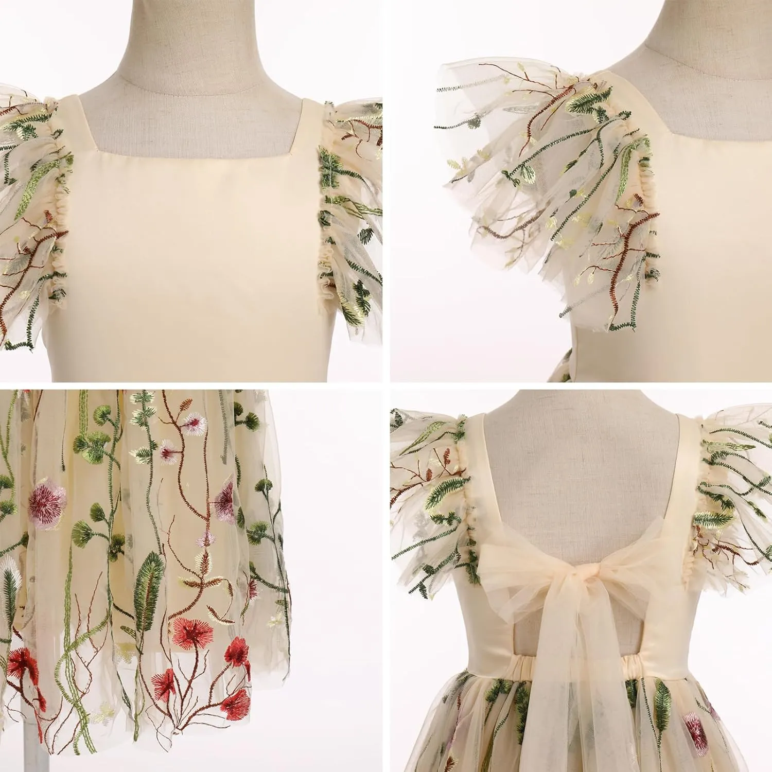 Floral Embroidered Dress for Girls Ruffle Sleeve Formal Birthday Wedding Pageant Party Tulle Dresses