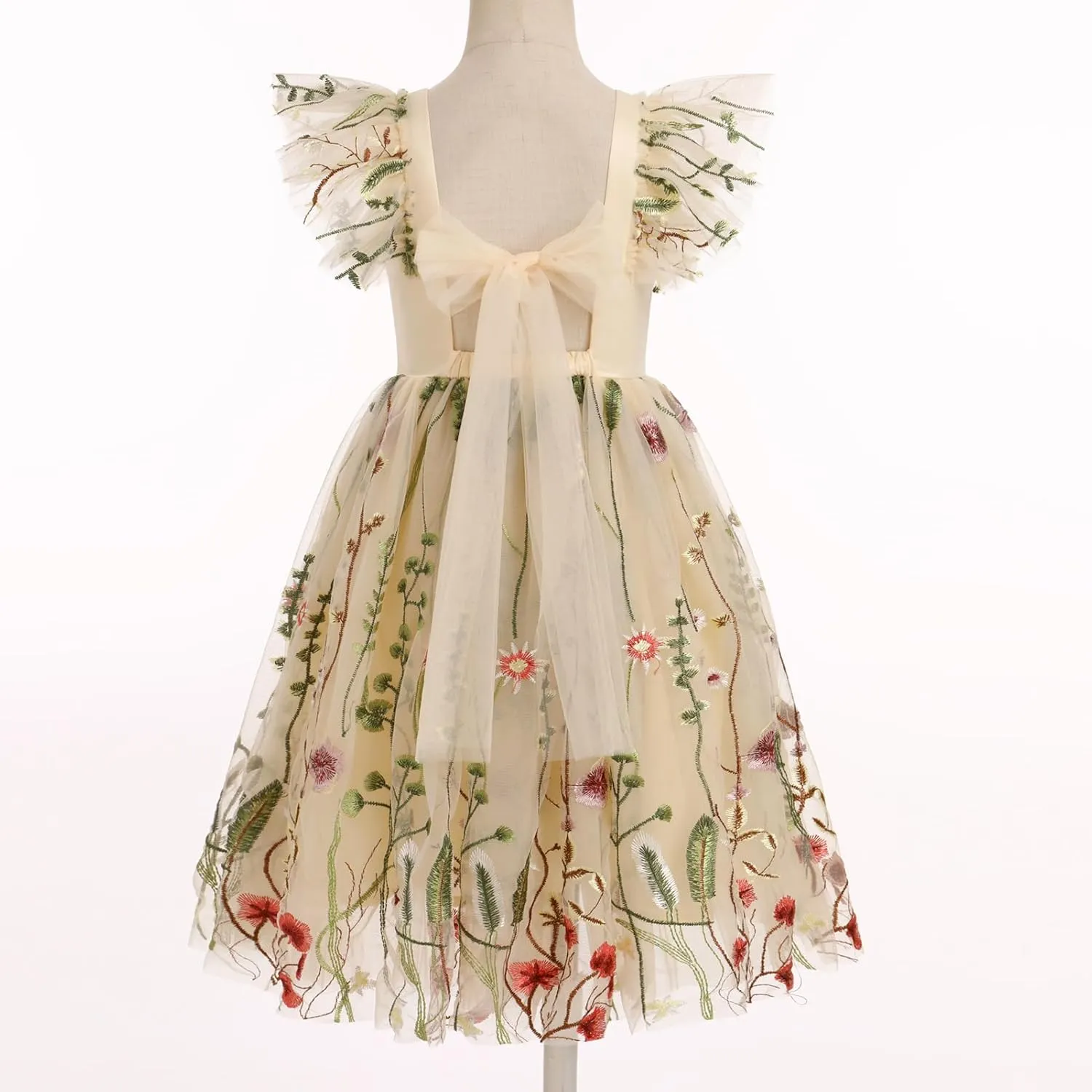 Floral Embroidered Dress for Girls Ruffle Sleeve Formal Birthday Wedding Pageant Party Tulle Dresses