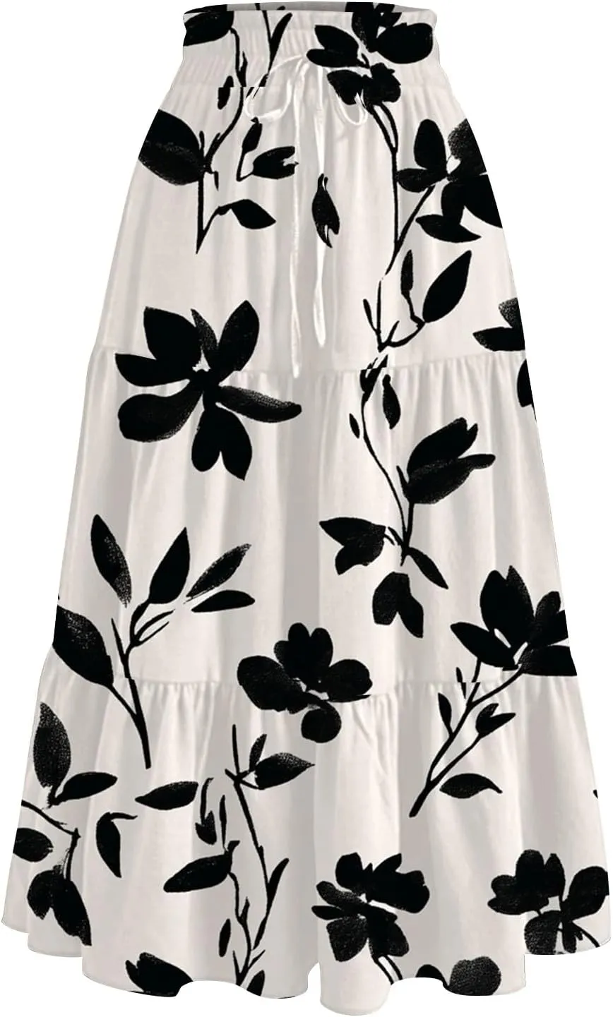 Floral Maxi Skirt for Women Summer Comfy Tiered Elastic High Waisted Skirts Vacation A-Line Flowy Swing Long Skirts