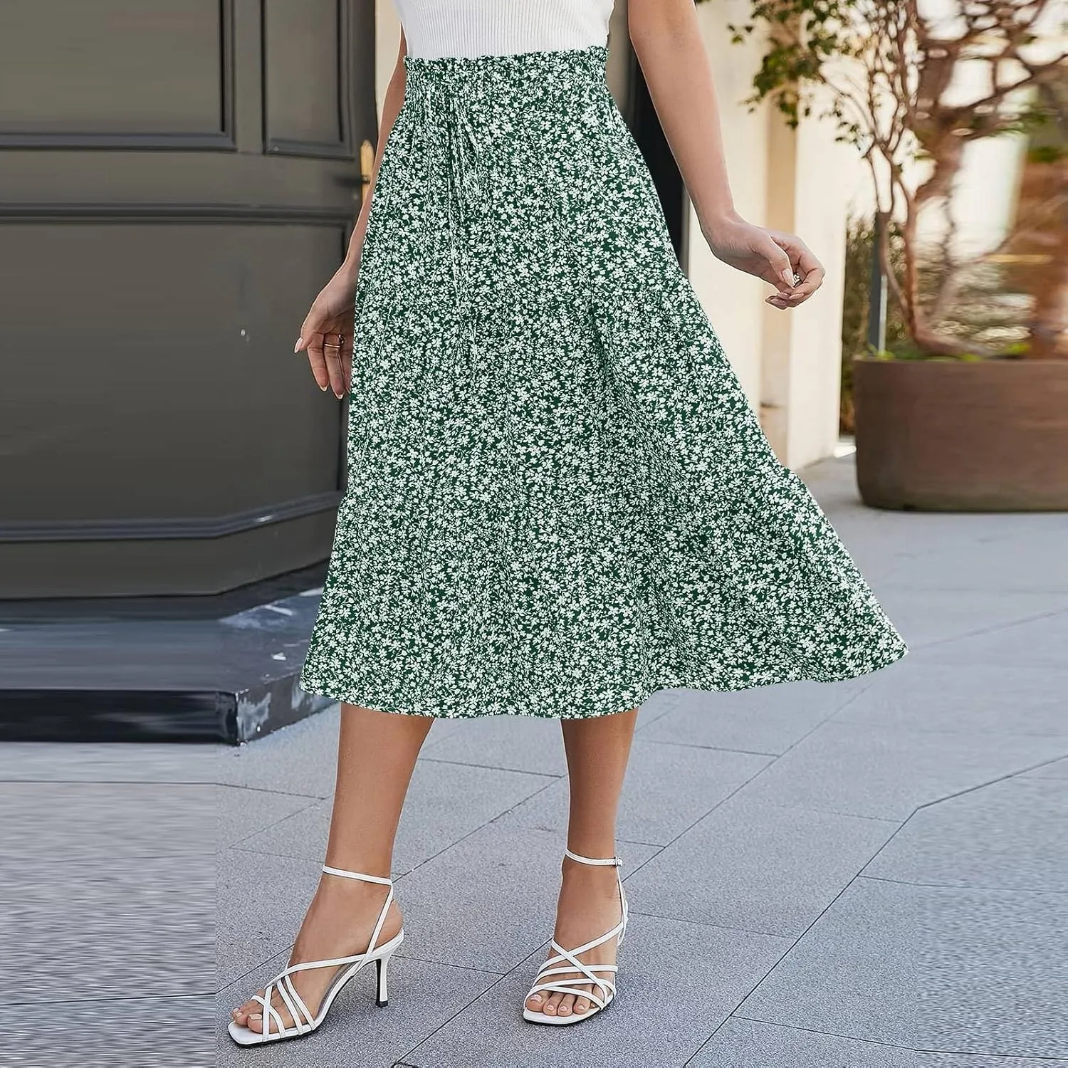 Floral Maxi Skirt for Women Summer Comfy Tiered Elastic High Waisted Skirts Vacation A-Line Flowy Swing Long Skirts