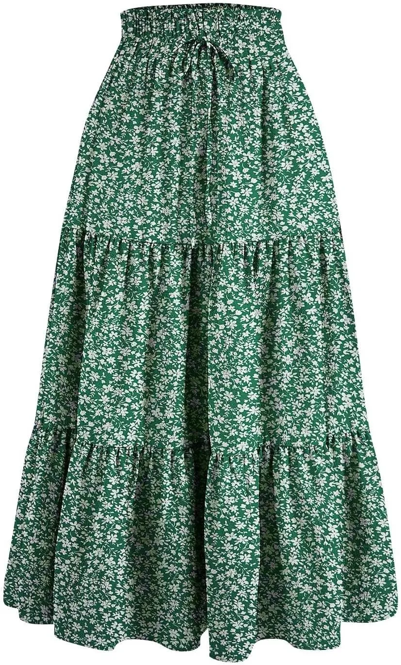 Floral Maxi Skirt for Women Summer Comfy Tiered Elastic High Waisted Skirts Vacation A-Line Flowy Swing Long Skirts