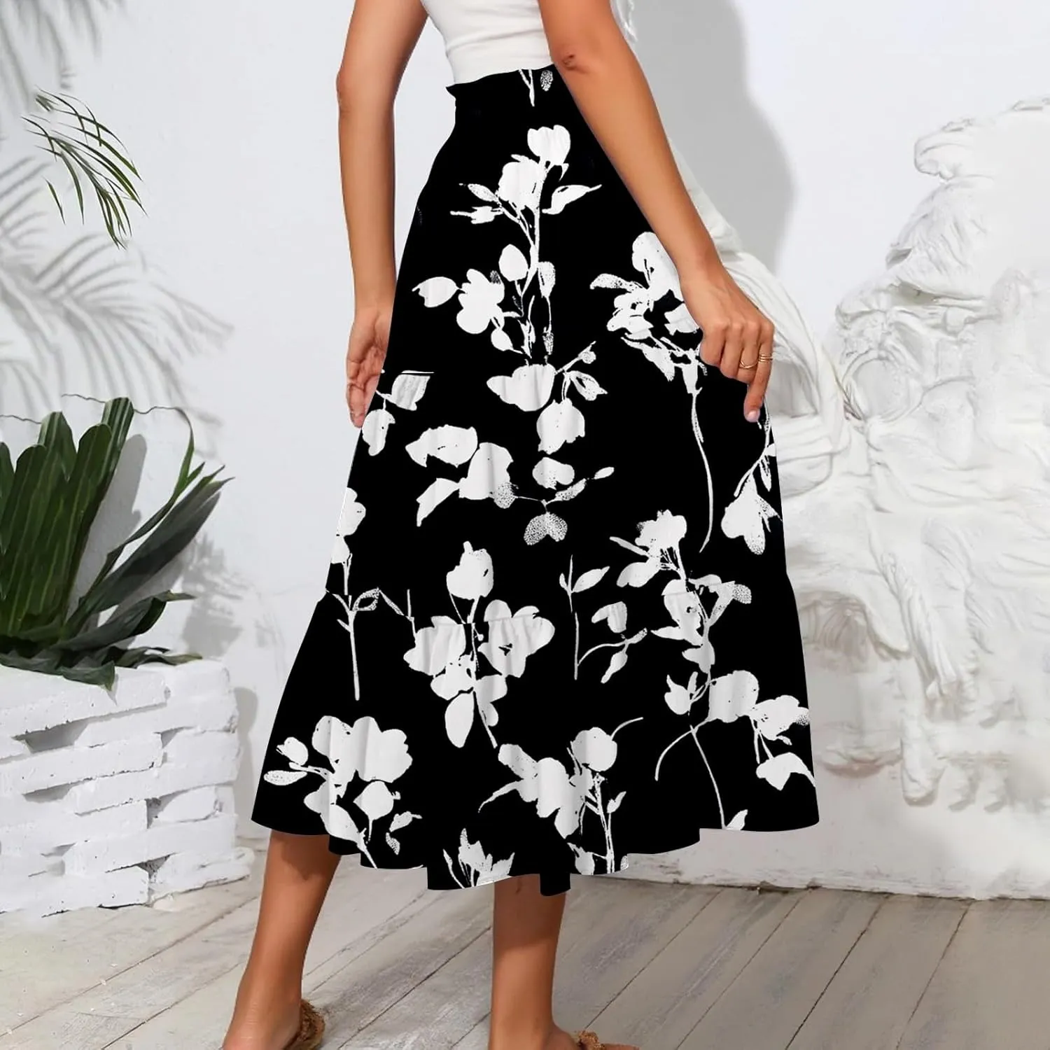 Floral Maxi Skirt for Women Summer Comfy Tiered Elastic High Waisted Skirts Vacation A-Line Flowy Swing Long Skirts