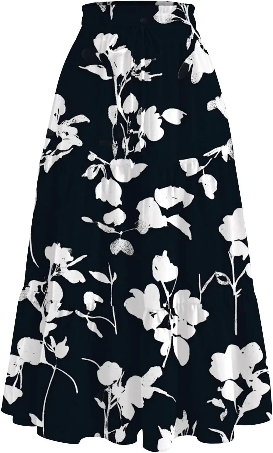Floral Maxi Skirt for Women Summer Comfy Tiered Elastic High Waisted Skirts Vacation A-Line Flowy Swing Long Skirts