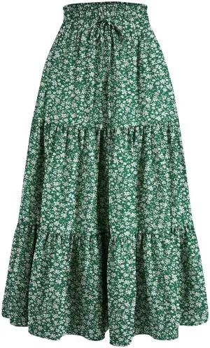 Floral Maxi Skirt for Women Summer Comfy Tiered Elastic High Waisted Skirts Vacation A-Line Flowy Swing Long Skirts