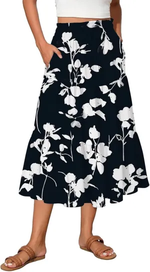 Floral Maxi Skirt for Women Summer Comfy Tiered Elastic High Waisted Skirts Vacation A-Line Flowy Swing Long Skirts