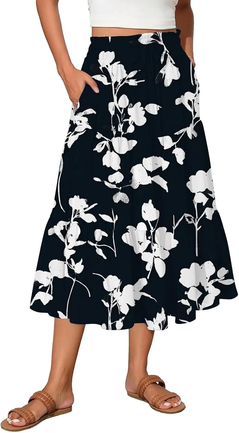 Floral Maxi Skirt for Women Summer Comfy Tiered Elastic High Waisted Skirts Vacation A-Line Flowy Swing Long Skirts