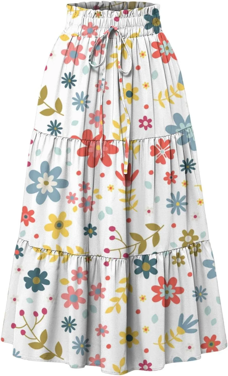 Floral Midi Skirts for Women Summer Comfy Tiered Elastic High Waisted Skirts Vacation A Line Flowy Swing Maxi Skirt